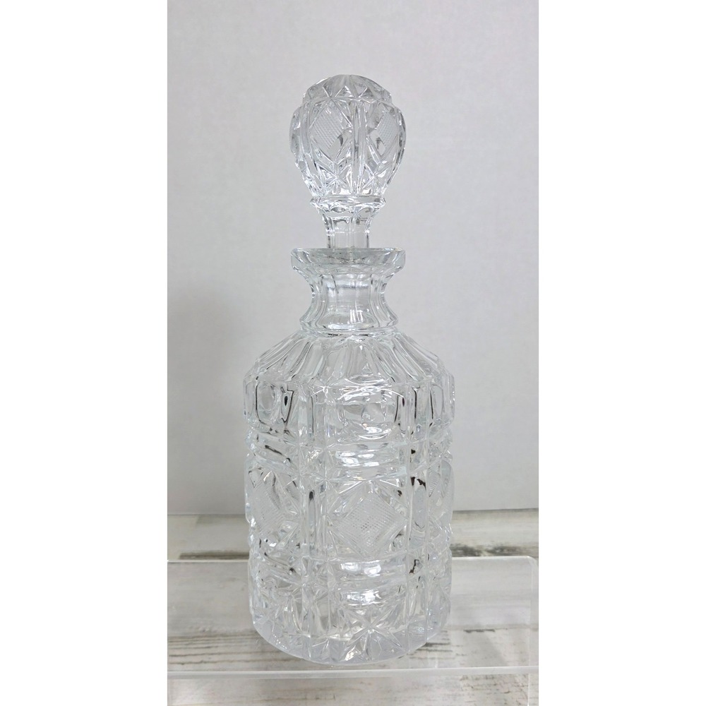 Vintage Heavy Cut Crystal Whiskey Decanter 10" & Stopper Diamond Pattern Barware